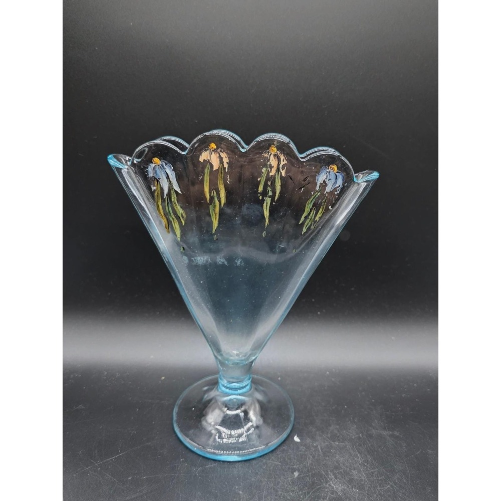 Vintage Light Blue Glass Fan Vase Hand Painted Floral Scalloped Pedestal Base 9"
